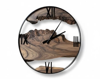 Large Live Edge Walnut Wood Wall Clock | Modern Rustic Metal & Wooden Clock | Silent Mechanism