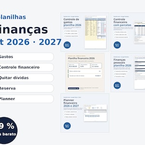 May include: A digital finance kit containing five spreadsheets for 2026 and 2027, featuring tools for expense tracking, financial control, debt repayment, emergency reserves, and planning, with a dark blue circular badge stating 59% mais barato.