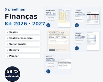 May include: A digital finance kit containing five spreadsheets for 2026 and 2027, featuring tools for expense tracking, financial control, debt repayment, emergency reserves, and planning, with a dark blue circular badge stating 59% mais barato.
