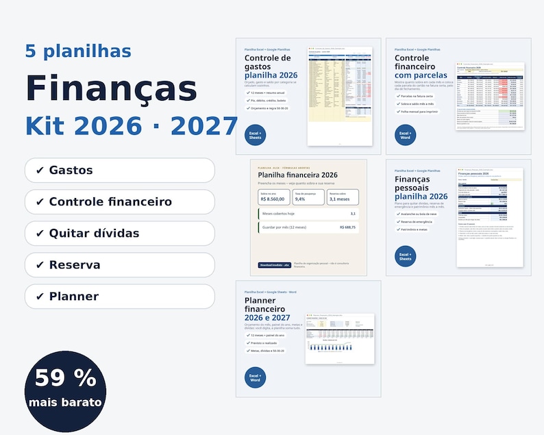 Kit organização financeira 2026 2027 Excel | Portuguese, Controle de gastos, quitar dívidas (Digital Download) image 1