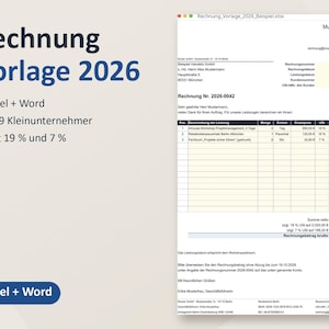 May include: A digital invoice template titled Rechnung Vorlage 2026, featuring Excel and Word compatibility, small business tax status, and 19% or 7% VAT options. The document displays a sample invoice with itemized services and totals.
