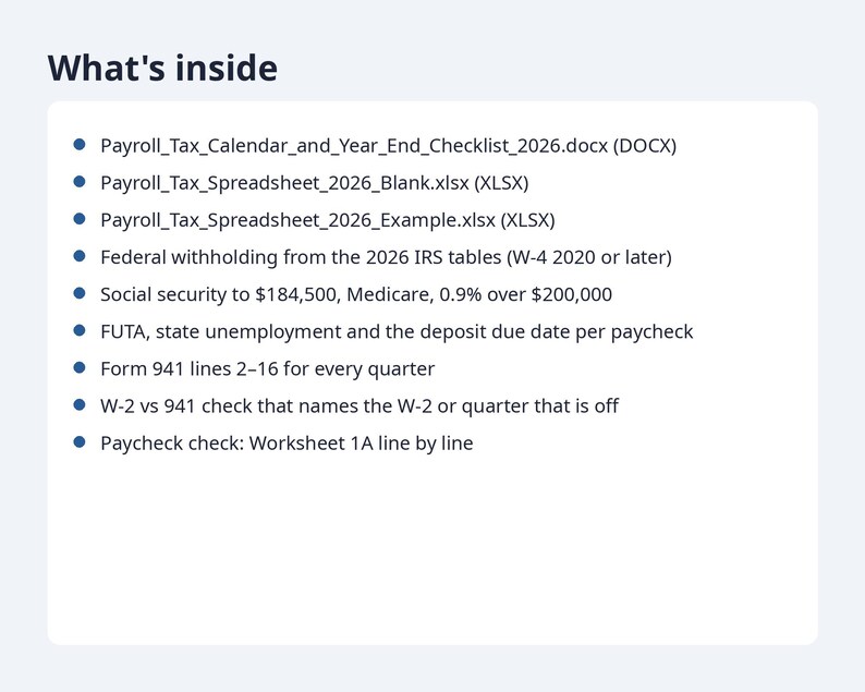 Payroll Tax Spreadsheet 2026 Excel | Form 941 vs W-2 Check, FICA & FUTA, Federal Withholding Pub 15-T (Digital Download) image 9