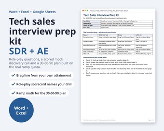 Tech Sales Interview Prep Kit for SDR and AE | Role-Play Scorecard, Discovery Call Script, 30-60-90 Plan (Digital Download)