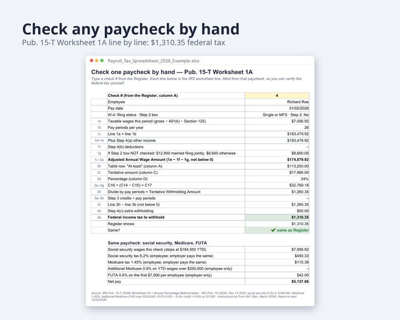 Payroll Tax Spreadsheet 2026 Excel | Form 941 vs W-2 Check, FICA & FUTA, Federal Withholding Pub 15-T (Digital Download) image 5