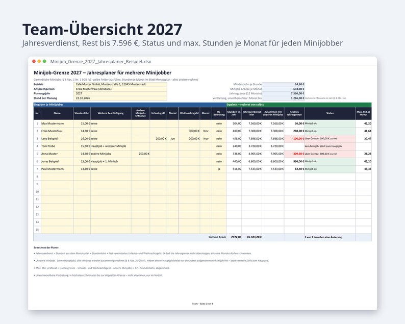 Minijob Grenze 2027 Jahresplaner Excel | German, mehrere Minijobber, Weihnachtsgeld-Check (Digital Download) image 2