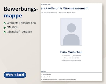 Op de afbeelding: Een sollicitatieportfolio-sjabloon getiteld Bewerbungsmappe, met secties voor een sollicitatiebrief, cv en bijlagen. Het bevat een tijdelijke aanduiding voor een foto, contactgegevens van Erika Musterfrau en een inhoudsopgave.