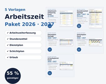 May include: A digital bundle of five templates for time tracking, including Arbeitszeiterfassung, Stundenzettel, Dienstplan, Schichtplan, and Urlaub for 2026 and 2027. The graphic displays document previews, software compatibility icons, and a 55% discount badge.