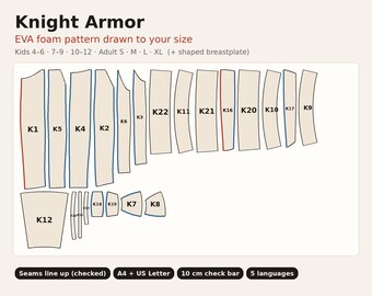 Knight Armor EVA Foam Pattern, Kids 4-6 to Adult XL, Breastplate Pauldrons Greaves, Printable PDF for A4 and Letter Paper (Digital Download)