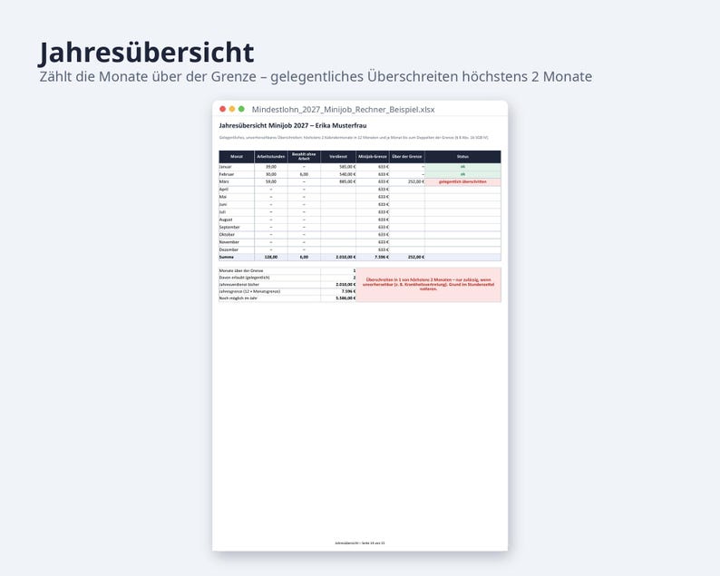 Mindestlohn 2027 Minijob Rechner Excel | German, 14,60 EUR Stundenlohn, 633 EUR Grenze (Digital Download) image 4