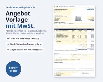May include: A digital template for a quote in Excel and Word formats, DIN A4 size. The document features a professional layout with fields for company details, itemized services, tax calculations, and a signature section for acceptance.