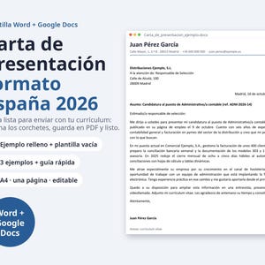 Peut inclure: Un modèle de lettre de motivation numérique pour Word et Google Docs intitulé Carta de presentación formato España 2026. Il comprend une lettre type de Juan Pérez García, une liste de fonctionnalités et un badge circulaire Word + Google Docs.