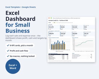 May include: An Excel and Google Sheets template for small business dashboards. The interface displays Example Candle Co. 2026 data with KPI cards, monthly revenue and expense bar charts, cash flow line graphs, and expense tables for tracking.