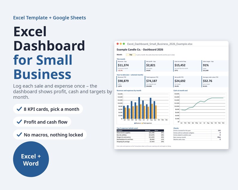 Excel Dashboard for Small Business 2027 | Monthly KPI Tracker, Sales, Expenses (Digital Download) image 1