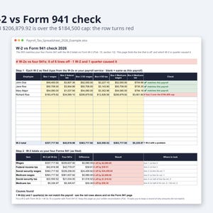 Payroll Tax Spreadsheet 2026 Excel | Form 941 vs W-2 Check, FICA & FUTA, Federal Withholding Pub 15-T (Digital Download) image 3