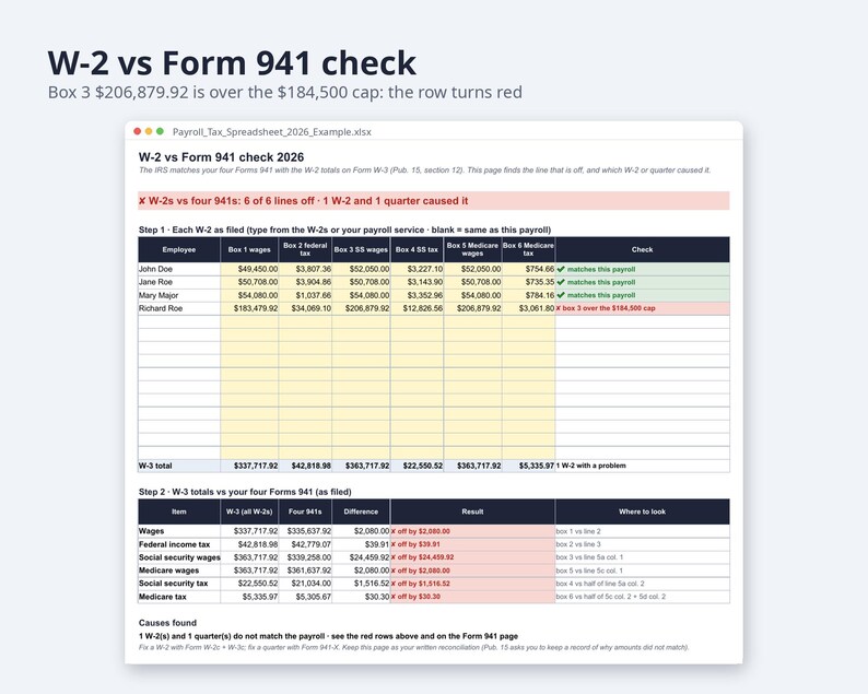 Payroll Tax Spreadsheet 2026 Excel | Form 941 vs W-2 Check, FICA & FUTA, Federal Withholding Pub 15-T (Digital Download) image 3
