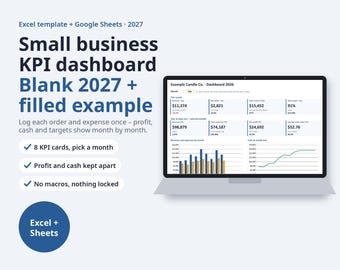 Small Business KPI Dashboard Excel 2027 | Profit and Cash Flow Kept Apart, 8 KPI Cards, Monthly Report, Example + Blank, Google Sheets