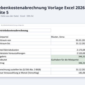 Nebenkostenabrechnung Excel Vorlage 2026 / Vermieter Betriebskostenabrechnung (Descarga digital) imagen 9