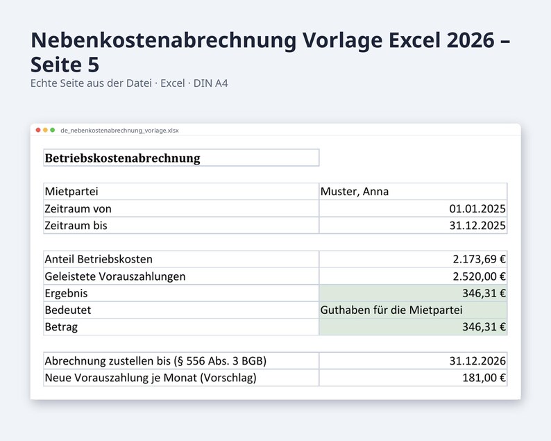 Nebenkostenabrechnung Excel Vorlage 2026 / Vermieter Betriebskostenabrechnung (Descarga digital) imagen 9