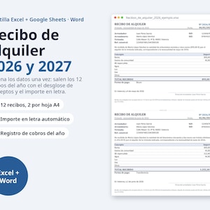 Recibo de alquiler plantilla Excel y Word 2026 2027 | 12 recibos con importe en letra, registro de cobros, A4 (Descarga digital) imagen 1