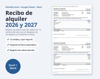 Recibo de alquiler plantilla Excel y Word 2026 2027 | Spanish, 12 recibos con importe en letra, registro de cobros (Digital Download)