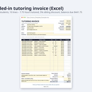Tutor Invoice Template Excel and Word | Tutoring Invoice, Hours Tutored, Sibling Discount (Digital Download) image 2