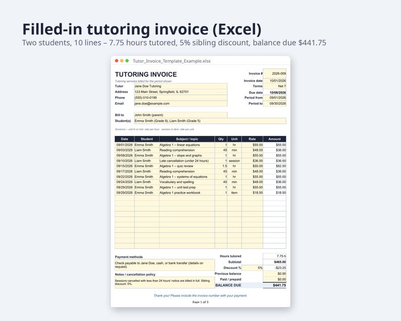 Tutor Invoice Template Excel and Word | Tutoring Invoice, Hours Tutored, Sibling Discount (Digital Download) image 2