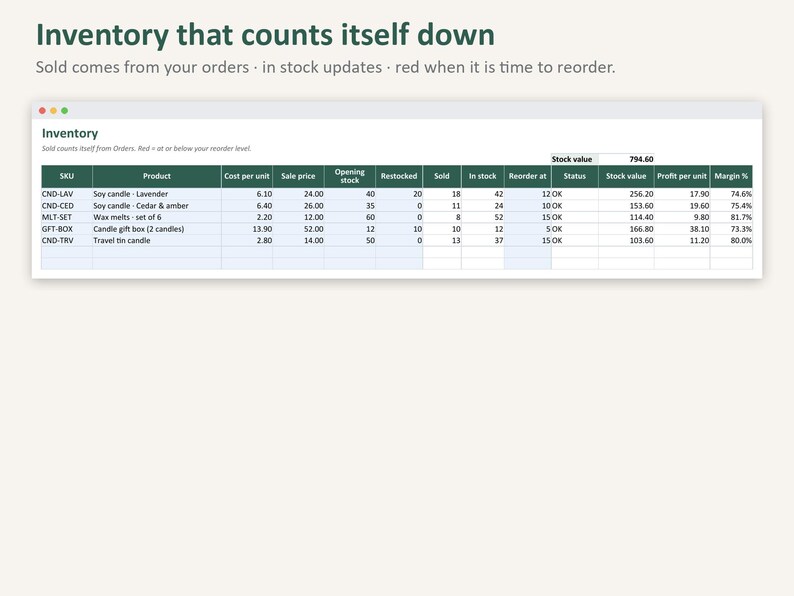 Small Business Bookkeeping Spreadsheet | Inventory Tracker, Order Tracker, Profit and Loss (Digital Download) image 3
