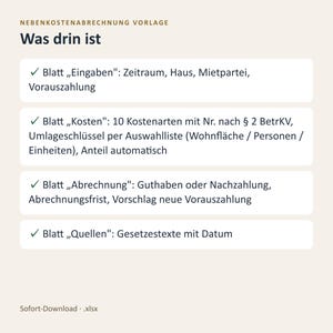 Nebenkostenabrechnung Excel Vorlage 2026 / Vermieter Betriebskostenabrechnung (Descarga digital) imagen 4