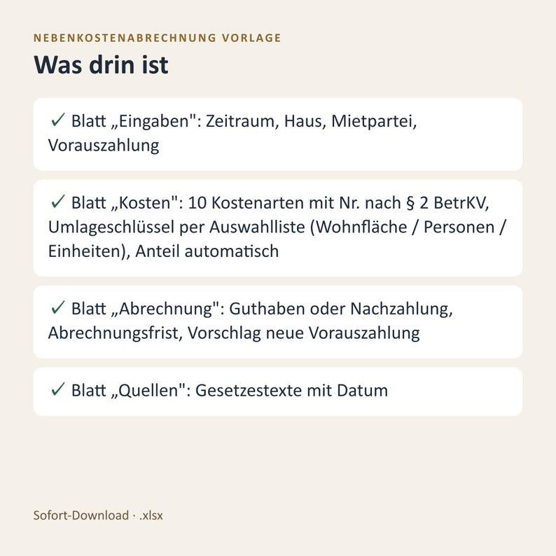 Nebenkostenabrechnung Excel Vorlage 2026 / Vermieter Betriebskostenabrechnung (Descarga digital) imagen 4