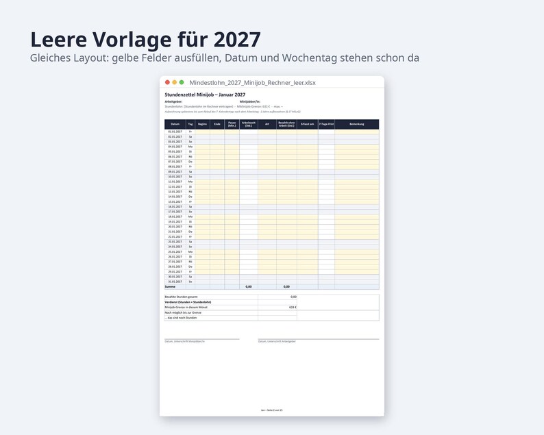 Mindestlohn 2027 Minijob Rechner Excel | German, 14,60 EUR Stundenlohn, 633 EUR Grenze (Digital Download) image 6