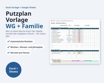 May include: A digital cleaning schedule template for Excel and Google Sheets titled Putzplan Vorlage WG + Familie. The document features a table with columns for tasks, locations, frequency, assigned names, and a weekly calendar grid for tracking.