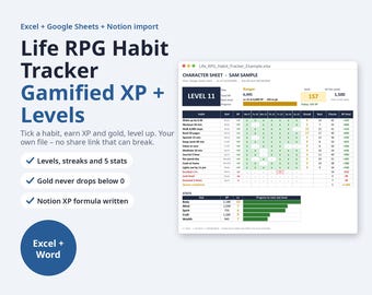 Gamified Notion Productivity Template, Life RPG Habit Tracker | XP Levels, Excel, Google Sheets (Digital Download)