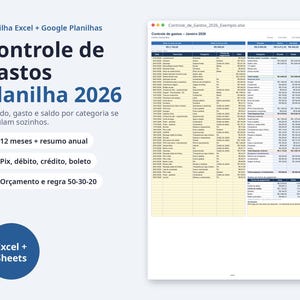 May include: A digital expense tracking spreadsheet for Excel and Google Sheets titled Controle de gastos planilha 2026. The interface displays columns for dates, descriptions, categories, payment methods, and values with a summary table.