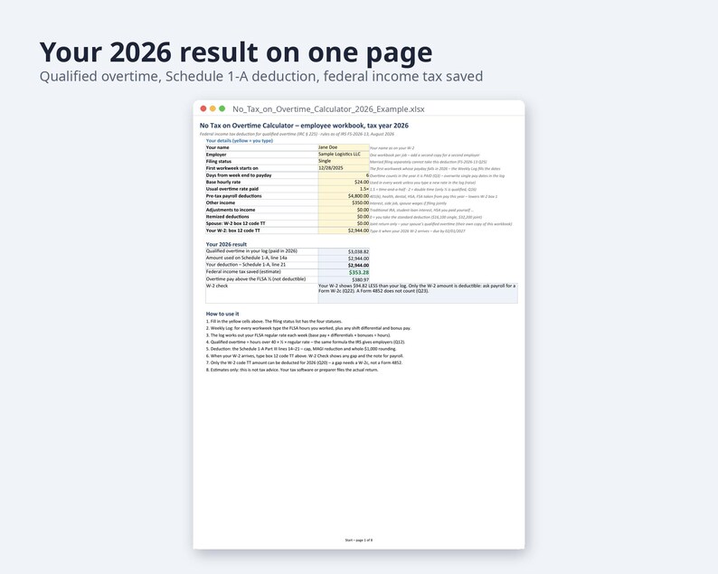 No Tax on Overtime Calculator 2026 | Excel + Google Sheets, Overtime Premium Deduction, W-2 Box 12 TT Tracker (Digital Download) image 2