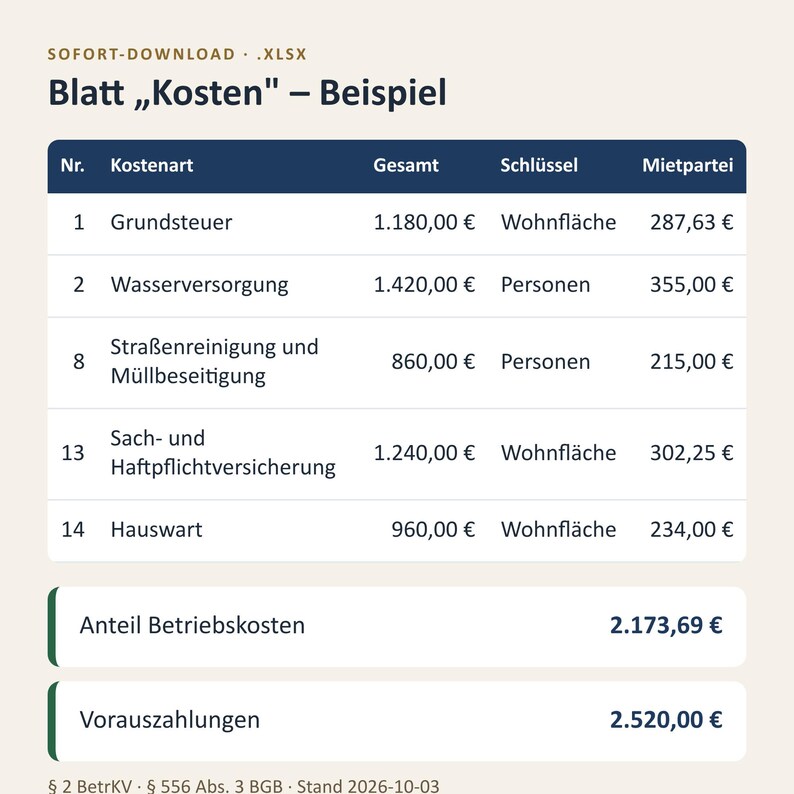 Nebenkostenabrechnung Excel Vorlage 2026 / Vermieter Betriebskostenabrechnung (Descarga digital) imagen 2