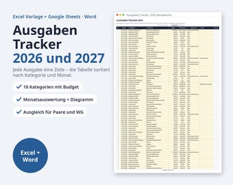May include: A digital expense tracker template for Excel, Google Sheets, and Word titled Ausgaben Tracker 2026 und 2027. The document features a detailed spreadsheet with columns for date, category, description, amount, payment method, and person.