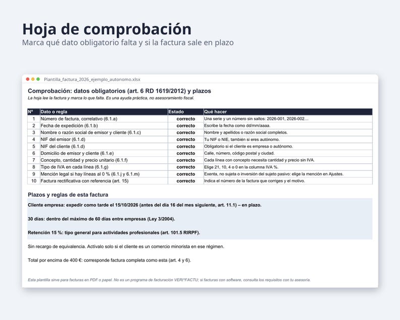 Plantilla factura Excel España 2026 | Spaans, IVA 21, 10 jaar 4 % (digitale download) afbeelding 4