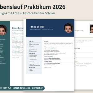 May include: Three resume templates for students titled Lebenslauf Praktikum 2026, featuring a dark teal, navy blue, and white design. Each document includes a circular headshot, contact details, profile, education, and skills sections.