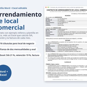 Arrendamiento de local comercial, contrato Word + Excel | Spanish, IVA y retención 19 %, factura (Digital Download) image 1