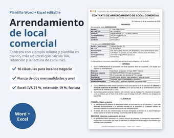 Op de afbeelding: Een digitaal documentsjabloon voor een commerciële huurovereenkomst in het Spaans, getiteld Contrato de Arrendamiento de Local Comercial, met secties voor verhuurder- en huurdergegevens, clausules en een bijbehorend Excel-bestand voor belastingberekeningen.