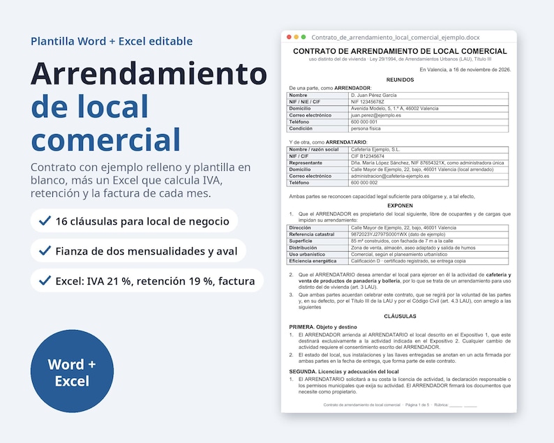 Arrendamiento de local comercial, contrato Word + Excel | Spanish, IVA y retención 19 %, factura (Digital Download) image 1