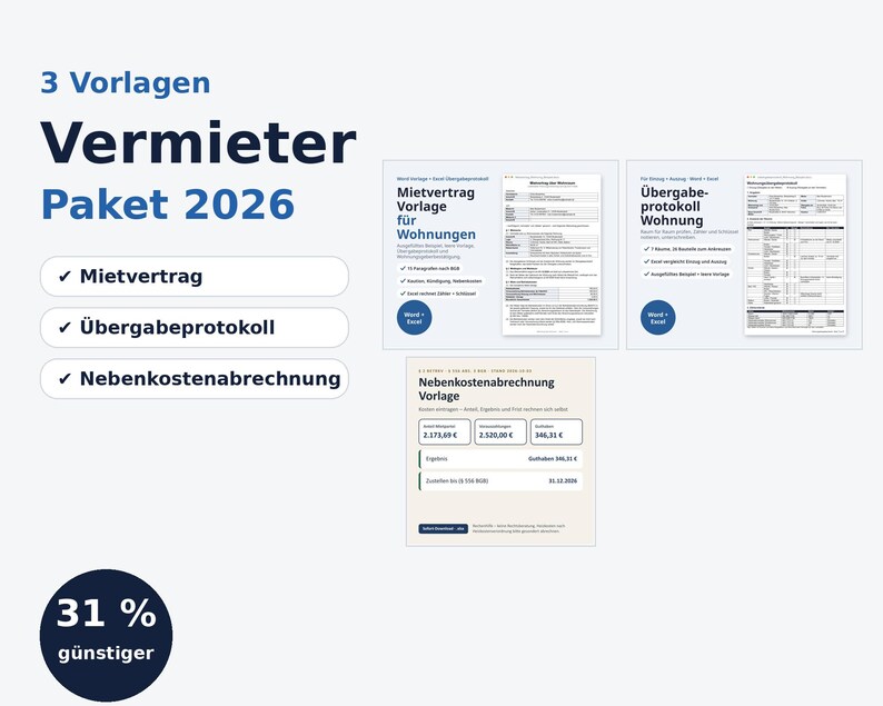 Vermieter Paket 2026 Word Excel | German, Mietvertrag, Übergabeprotokoll (Digital Download) image 1