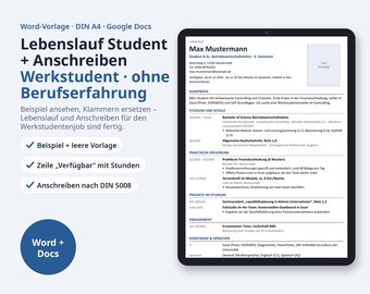 Lebenslauf Student Vorlage Word + Anschreiben | Werkstudent, ohne Berufserfahrung, Erstsemester bis Master, DIN 5008 (Digital Download)
