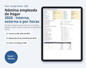 Nómina empleada de hogar 2026 Excel | Interna o por horas, cuota Seguridad Social, 12 recibos de salarios, aviso SMI (Digital Download)