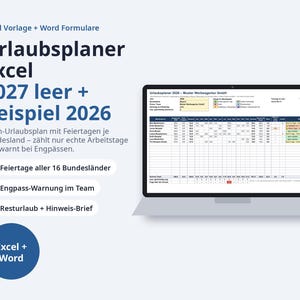 Urlaubsplaner Excel 2027 für Teams | Feiertage aller 16 Bundesländer, Resturlaub, Engpass-Warnung, Urlaubsantrag Word, Beispiel 2026