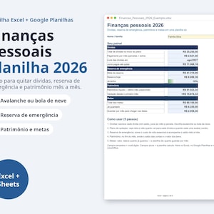 May include: A digital personal finance spreadsheet for 2026, compatible with Excel and Google Sheets. The interface displays sections for debt, emergency funds, and net worth, with instructional text in Portuguese and a blue circular badge.