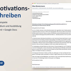 May include: A digital document template titled Motivationsschreiben featuring a sample cover letter for a Master's degree application. The text includes contact details for Max Mustermann and a formal letter addressed to Frau Dr. Muster.