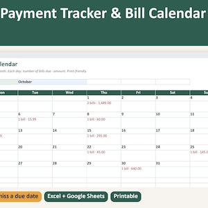 May include: A digital bill payment tracker and calendar template with the text Bill Payment Tracker & Bill Calendar. The interface displays a monthly calendar for October with rows for dates and columns for days of the week, including bill amounts.