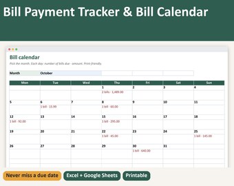 May include: A digital bill payment tracker and calendar template with the text Bill Payment Tracker & Bill Calendar. The interface displays a monthly calendar for October with rows for dates and columns for days of the week, including bill amounts.