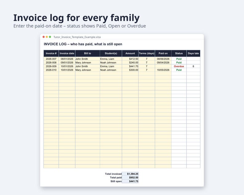 Tutor Invoice Template Excel and Word | Tutoring Invoice, Hours Tutored, Sibling Discount (Digital Download) image 6